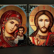 На память: Складень деревянный. Венчальная пара Казанская Бог — фотография 1