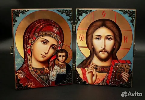 На память: Складень деревянный. Венчальная пара Казанская Бог