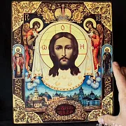 На память: Икона на дереве "Спас с Архангелами" Ручная работа — фотография 1
